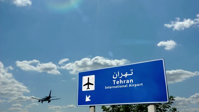 Jet airplane landing in Tehran, Iran. City arrival with airport direction sign. Travel, business, tourism and transport concept. 3D rendering animation.