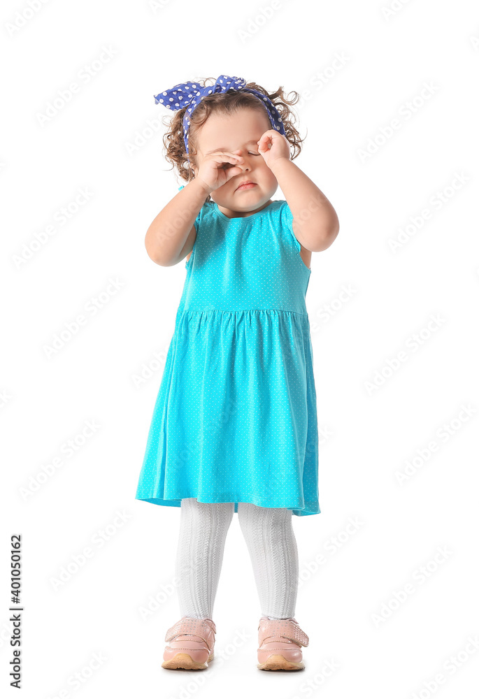 Poster Sleepy baby girl on white background