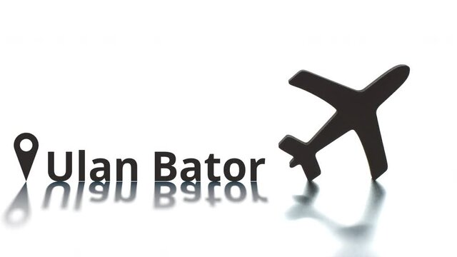 Ulan Bator text with city geotag and plane icon. Destination concept