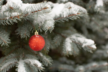 Fototapeta na wymiar Christmas tree decorations with snow on the tree