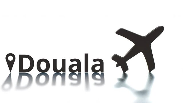 Plane icon and Douala city name, air travel concept