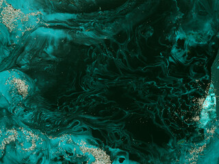 Tidewater Green wave with glitter, creative abstract hand painted dark background, marble texture, abstract ocean.