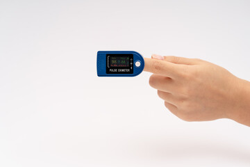 Fingertip Pulse Oximeter on finger. On white background. Device for self health diagnostic