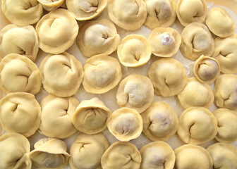 Raw dumplings arranged in several rows on a white tray.