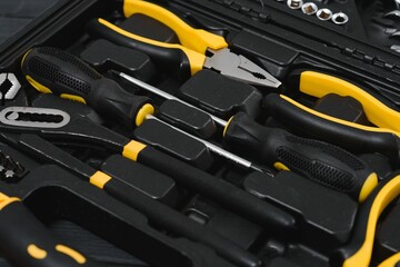 Box with set of tools for car repair, closeup
