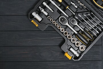 Set of tools for car repair in box, closeup