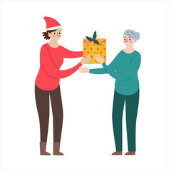 Merry Christmas greetings to parents. Woman wearing pensioner gift. Flat cartoon vector illustration.