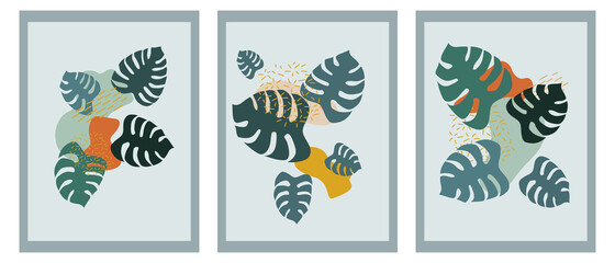 Tropical Memphis wall art vector set.  Various monster leaves, abstract forms. Doodle style. Contemporary modern trendy Vector illustrations. Continuous line, minimalistic elegant concept.