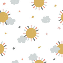 Cute nursery seamless pattern with sun, clouds and stars in pastel colors. Hand drawn Scandinavian style vector illustration.