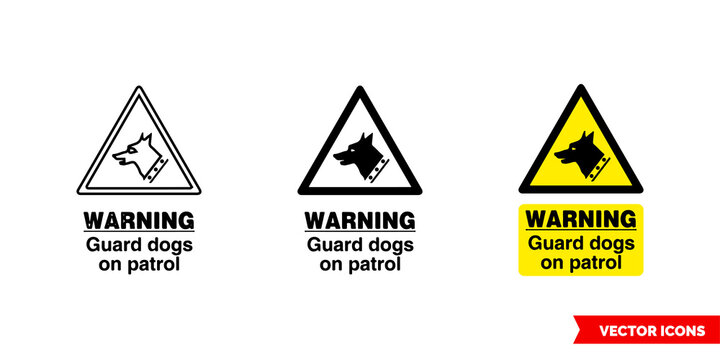 Site security sign warning guard dogs on patrol icon of 3 types color, black and white, outline. Isolated vector sign symbol.