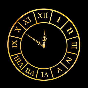 Clock Latin Numbers Golden In Black Background - 3d Rendering