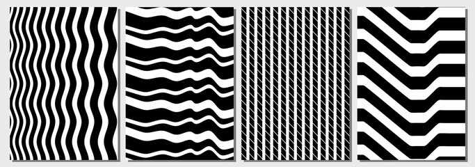 Set of layouts. Geometric abstract background. Wave lines. Black and white minimal texture. Template for Cover, Poster, Banner, Magazine, Flyer.