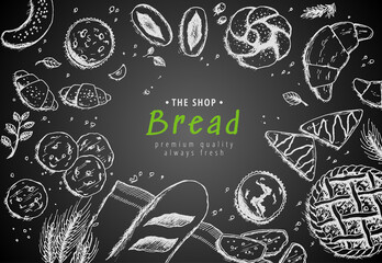 bakery vintage background design. Hand drawn bread sketch illustration with wheat, flour on dark background. Concept for bakery menu, organic flour, grain and cereal products. - obrazy, fototapety, plakaty