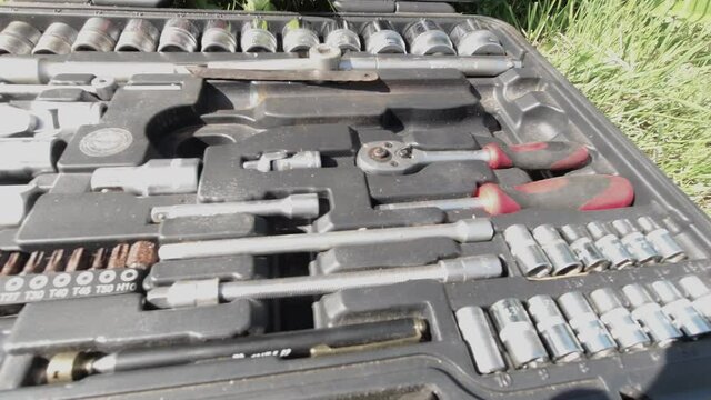 Minsk, Belarus - July 17, 2020: Car repair tool kit suitcase with wrenches