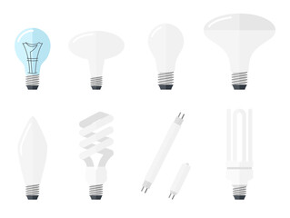 illustration of main electric lighting types incandescent light bulb, halogen lamp, cfl and led lamp. Flat style.