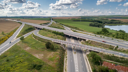 Aerial view of highway and overpass. Road junction, highway intersection