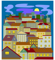 Naklejka premium Vector illustration of a night city. Poster, background blue, bright houses in a minimalist style. Design for printing products, textiles, interiors.