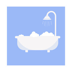 White bathtub in the bathroom. Vintage bath and soap foam bubbles on a blue background. Vector illustration.