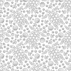 Seamless pattern with geometric outline turtles and seashells, dark contour animals on a white background