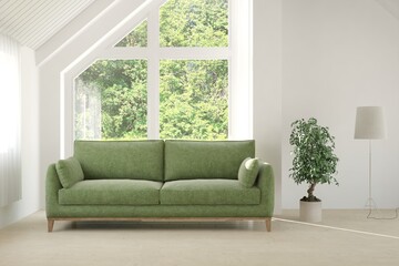 White living room with sofa and summer landscape in window. Scandinavian interior design. 3D illustration