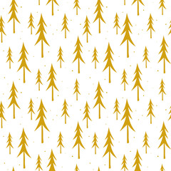 Seamless pattern with with yellow of coniferous trees in white background. Vector illustration with hand drawn spruce trees. Design for print greeting card, paper, fabric, gift wrap