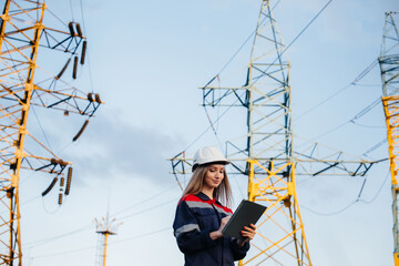 A young engineering worker inspects and controls the equipment of the power line. Energy