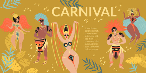 Brazilian carnival banner with cartoon characters of dancers and drummers in traditional costumes and headdresses for samba.
