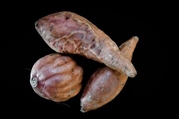 Drei Süßkartoffeln mit verschiedenartigen Formen vor schwarzem Hintergrund - Nahaufnahme und Stillleben- Süßkartoffel sind sehr gesund. sie enthalten Betacarotin und Vitamin E und schmecken süßlich.