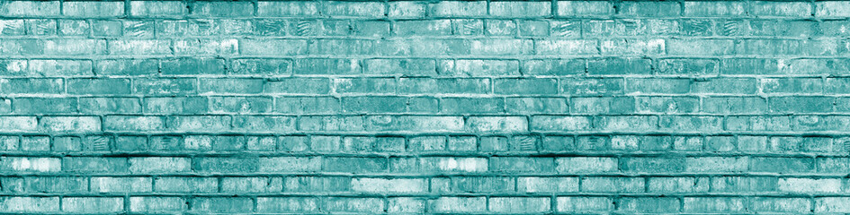 Blue Grunge Brick Wall Background Banner. Aged Green Brickwork Texture. Distressed Urban City Rough Blocks.