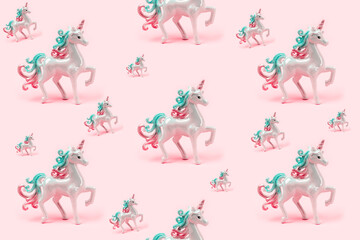 Seamless pattern of beautiful pearl unicorn against pink background. Invitation, birthday, bachelorette party, baby shower concept. Girl birthday, magic surreal and minimal style.