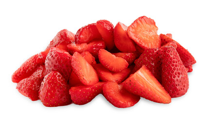 Strawberry Slices Heap Closeup On White Background. Defrosted Sliced Strawberries Isolated Macro...