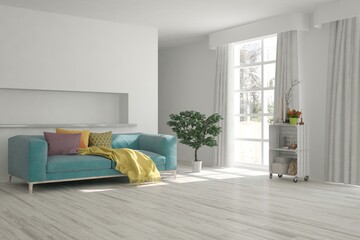 White living room with sofa. Scandinavian interior design. 3D illustration