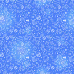 Seamless pattern on the theme of New year and Christmas, contour Christmas tree toys, raccoons, Foxes and snowflakes,light outlines on a blue background