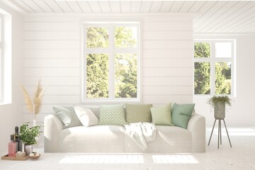 White living room with sofa and summer landscape in window. Scandinavian interior design. 3D illustration