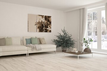 White living room with sofa. Scandinavian interior design. 3D illustration