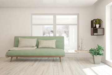 White living room with sofa. Scandinavian interior design. 3D illustration