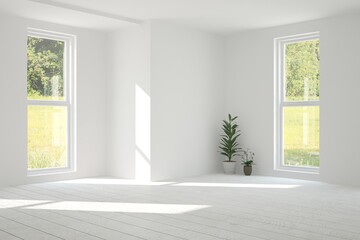 White empty room with summer landscape in window. Scandinavian interior design. 3D illustration