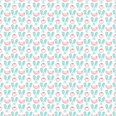 Cute Rabbits and Fruits Seamless pattern. Hand Drawn Doodle Bunnies, Watermelon, Strawberry. Animal Background for kids. Baby Wallpaper

