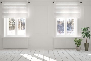 Mock up of empty room in white color with winter landscape in window. Scandinavian interior design. 3D illustration