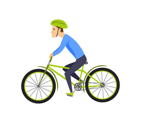 Men riding bicycle. With bicycle and boy in sportswear. Cartoon character design. Flat illustration isolated on white background.