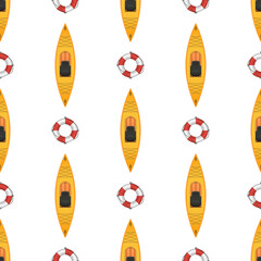 Seamless pattern with lifebuoy and yellow kayaks. Suitable for postcards, backgrounds, books and posters. Vector