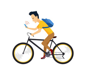 Biker with smartphone and backpack. People in bicycle drive safely campaign.