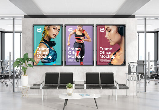 3 Frames Hanging on Corporate Waiting Room Wall Mockup