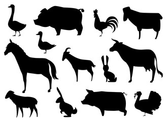 Farm Animals Silhouettes Isolated on White.