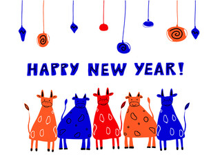 Hand drawn funny multicolored gobies on white background. Chinese symbol of the year. Lettering happy New Year.