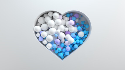 3d bright render background with cut out shape filled with colored spheres. Bright positive concept. Heart shape.