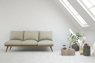 White living room with sofa. Scandinavian interior design. 3D illustration