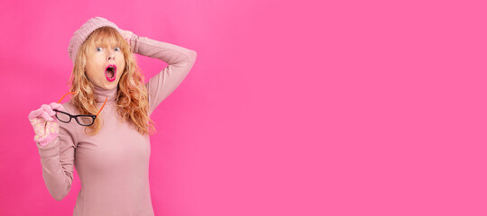 adult woman with glasses and warm clothes isolated on background