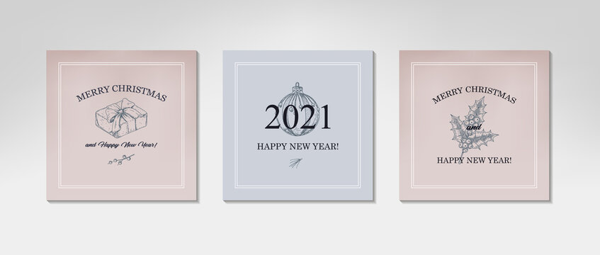 Set of square hand drawn Merry Christmas and Happy New Year vintage greeting cards. Vector illustration in sketch style.