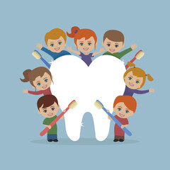 Children and a big tooth on a blue background.